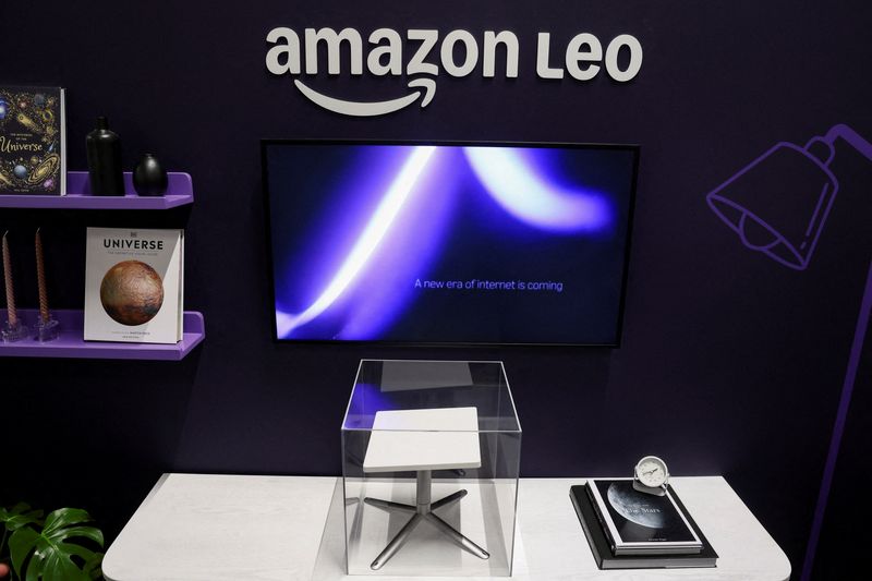 FILE PHOTO: Amazon Leo is displayed during the Delivering the Future EMEA 2026 event at Amazon's LCY3 fulfilment centre in Dartford, Britain, June 4, 2026. REUTERS/Toby Shepheard/File Photo
