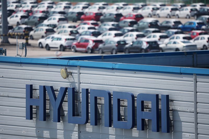 The logo of South Korea's biggest automaker company Hyundai Motor is pictured at Pyeongtaek port in Pyeongtaek, South Korea, April 15, 2025.   REUTERS/Kim Hong-Ji