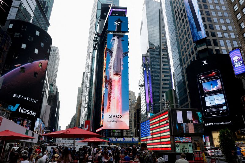 FILE PHOTO: A billboard of SpaceX is pictured on the day of SpaceX's initial public offering (IPO) at the Nasdaq MarketSite, in New York City, U.S., June 12, 2026. REUTERS/Jeenah Moon/File Photo