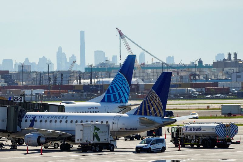 United Airlines planes are seen at the tarmac at Newark International Airport in Newark, New Jersey, U.S., May 7, 2025. REUTERS/Eduardo Munoz