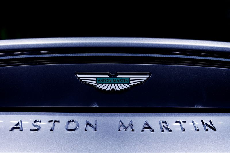 The Aston Martin logo is seen on a Vantage car, a luxury sports car, during its launch in New Delhi, India, August 29, 2024. REUTERS/Priyanshu Singh