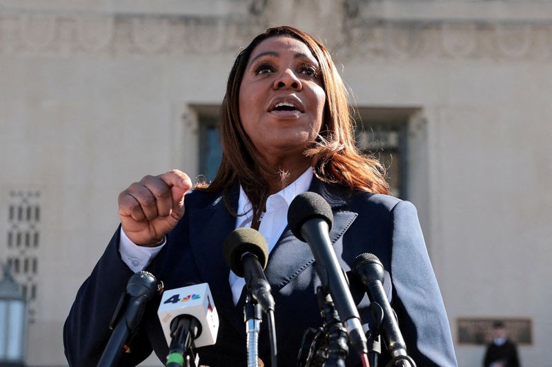 FILE PHOTO: New York Attorney General Letitia James speaks to the media in Norfolk, Virginia, U.S., October 24, 2025. REUTERS/Jonathan Ernst/File Photo