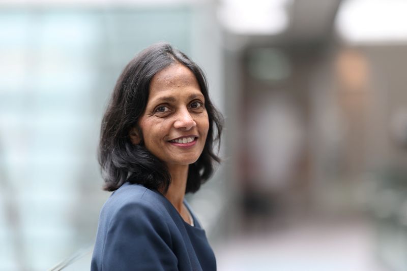 Macquarie Group managing director and chief executive officer (CEO) Shemara Wikramanayake poses on the day they announced their annual profit in Sydney, Australia, May 9, 2025. REUTERS/Hollie Adams
