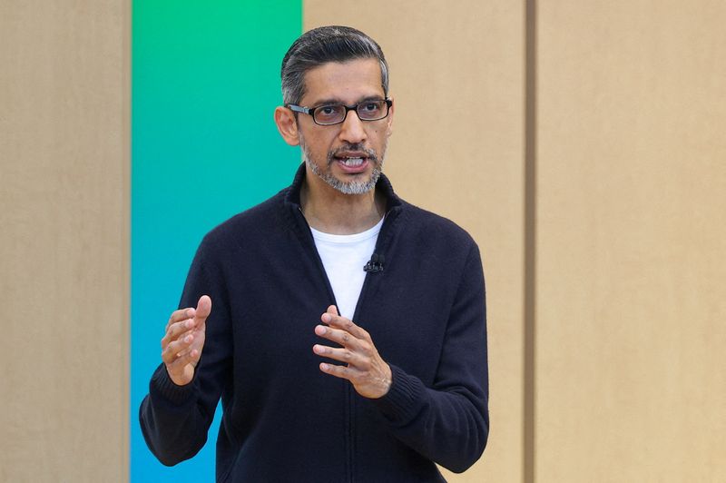 FILE PHOTO: Google's CEO Sundar Pichai speaks at Google's I/O 2026 developer conference in Mountain View, California, U.S. May 19, 2026. REUTERS/Manuel Orbegozo/File Photo