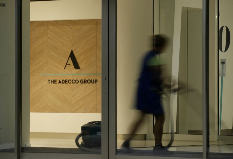 FILE PHOTO: The logo of Swiss Adecco Group is seen at its headquarters in Zurich, Switzerland October 30, 2018. REUTERS/Arnd Wiegmann/File Photo