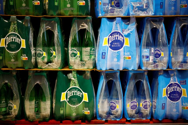 FILE PHOTO: Bottles of Perrier are displayed on a shelf in a supermarket in Vertou, France, December 16, 2024. REUTERS/Stephane Mahe/File Photo