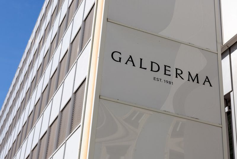 A logo of skin care company Galderma is pictured on the company's offices in Lausanne, Switzerland, March 13, 2024. REUTERS/Denis Balibouse