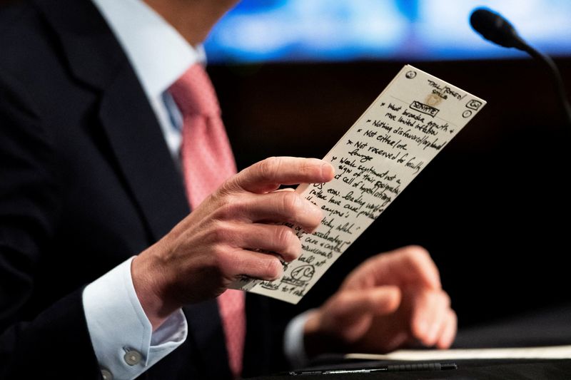 FILE PHOTO: Federal Reserve Chair Kevin Warsh reads from his notes while testifying before a Senate Banking, Housing, and Urban Affairs Committee on Capitol Hill, Washington D.C., U.S., July 15, 2026. REUTERS/Nathan Howard/File Photo
