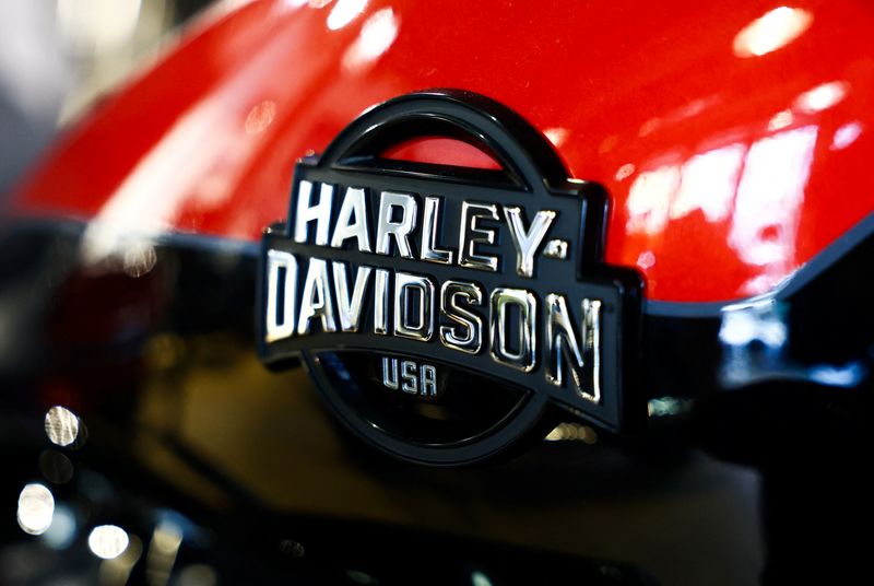 The logo of American motorcycle manufacturer Harley-Davidson is seen at an Harley-Davidson dealership in Paris, France, April 8, 2025. REUTERS/Gonzalo Fuentes