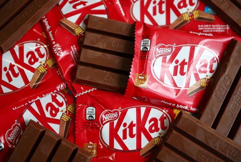Kit Kat chocolate covered wafer bars manufactured by Nestle are seen in London, Britain, July 25, 2018. REUTERS/Hannah McKay/Photo Illustration