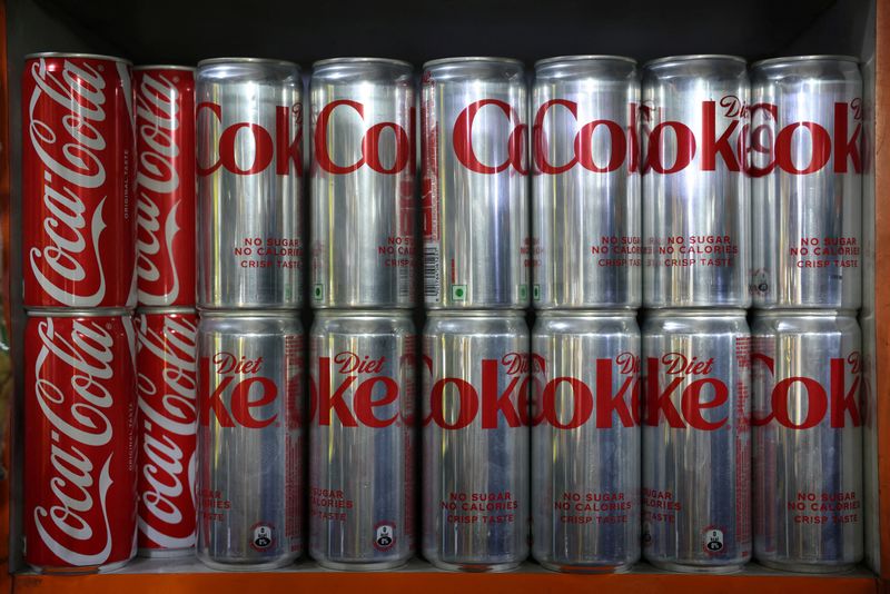 FILE PHOTO: Coca-Cola Diet Coke cans on display for sale inside a shop in New Delhi, India, April 22, 2026. REUTERS/Bhawika Chhabra/File Photo