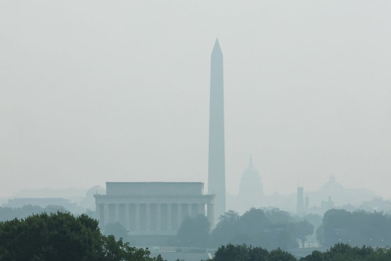Smoke from Canadian wildfires clouds the U.S. Capitol, Washington Monument and Lincoln Memorial in Washington, D.C., U.S., July 17, 2026. REUTERS/Jonathan Ernst