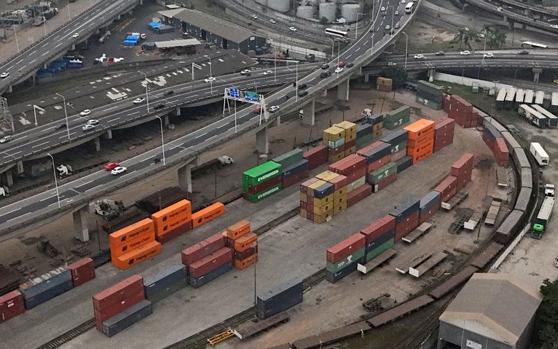 A drone view shows containers at a storage near Rio de Janeiro's port, Brazil July 10, 2025. REUTERS/Pilar Olivares