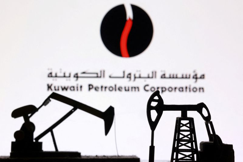 3D-printed oil pump jacks and the Kuwait Petroleum Corporation (KPC) logo appear in this illustration taken March 2, 2026. REUTERS/Dado Ruvic/Illustration