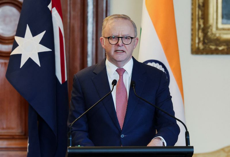 Australian Prime Minister Anthony Albanese speaks alongside Indian Prime Minister Narendra Modi (not pictured) during a press conference in Melbourne, Australia, July 9, 2026.  REUTERS/Hollie Adams