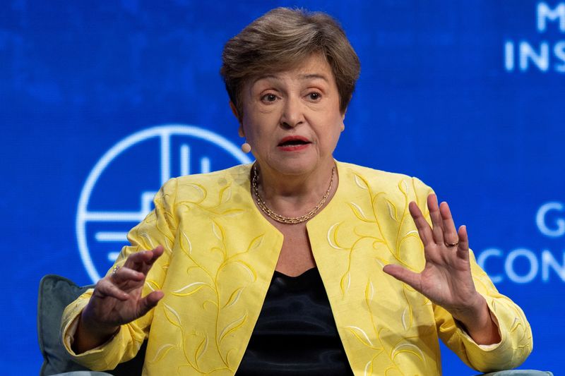 FILE PHOTO: Kristalina Georgieva, Managing Director of the International Monetary Fund speaks during the Milken Institute Global Conference 2026 in Beverly Hills, California, U.S., May, 4, 2026. REUTERS/Mike Blake/File Photo
