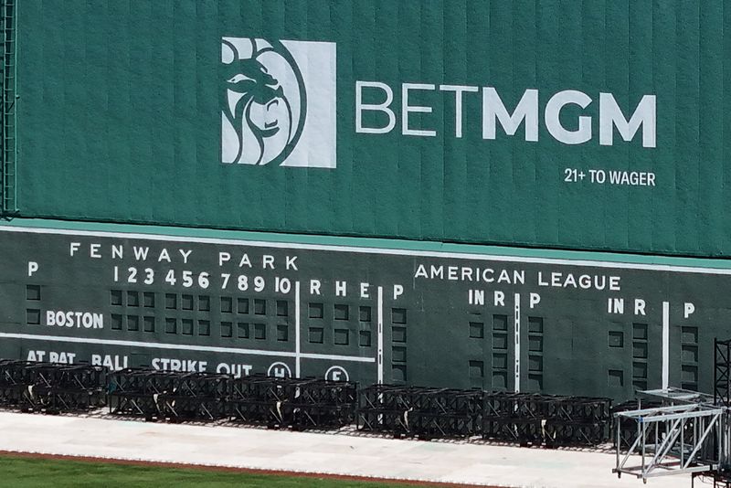 A drone view shows an advertisement for the online sports betting company BetMGM at Fenway Park in Boston, Massachusetts, U.S., June 18, 2024. REUTERS/Brian Snyder