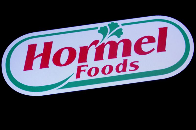 The company logo for Hormel Foods is displayed on a screen on the floor at the New York Stock Exchange (NYSE) in New York, U.S., October 9, 2019. REUTERS/Brendan McDermid