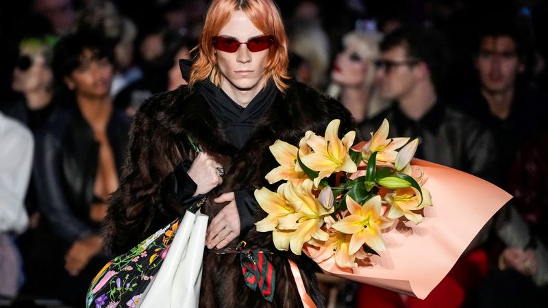 FILE PHOTO: A model presents a creation from the Gucci Cruise 2027 collection at Times Square in New York City, U.S., May 16, 2026. REUTERS/Eduardo Munoz/File Photo