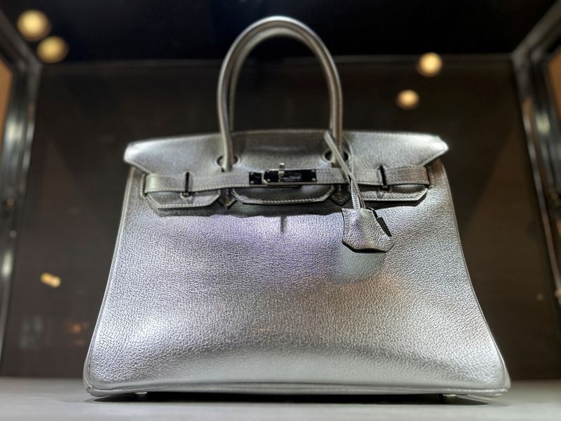 View of a Hermes Silver Metallic Chevre Birkin 30 bag up for auction at Sotheby's in New York City, U.S., June 1, 2023. REUTERS/Roselle Chen
