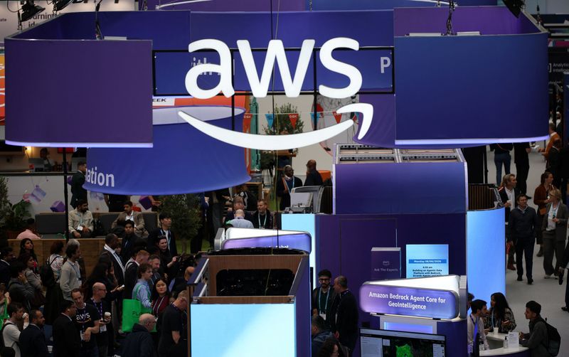 Signage for Amazon Web Services (AWS) is displayed during the London Tech Week at Olympia, in London, Britain, June 8, 2026. REUTERS/Isabel Infantes
