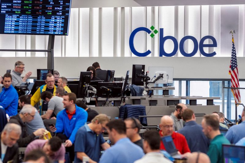 FILE PHOTO: A logo for CBOE (Chicago Board Options Exchange) Global Markets is displayed at their headquarters in Chicago, Illinois, U.S., April 11, 2024. REUTERS/Jim Vondruska/File Photo