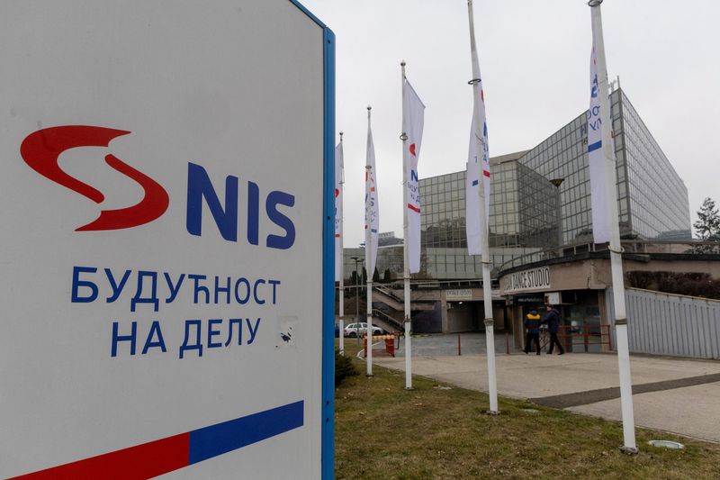 NIS sign outside the headquarters building of Serbian oil company NIS, which is majority owned by the Russian oil producer Gazprom Neft, in Belgrade, Serbia, January 15, 2025. REUTERS/Djordje Kojadinovic