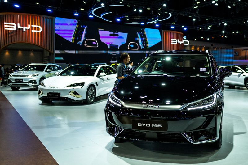 FILE PHOTO: BYD electric vehicle (EV) cars on display at the 47th Bangkok International Motor Show 2026, in Bangkok, Thailand, March 24, 2026. REUTERS/Athit Perawongmetha/File Photo