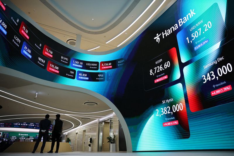 FILE PHOTO: Employees stand in front of electronic boards as they work a late-night shift in preparation for the launch of South Korea's 24-hour won-dollar trading market from July 6, at Hana Bank's dealing room in Seoul, South Korea, June 16, 2026. REUTERS/Kim Hong-Ji/File Photo