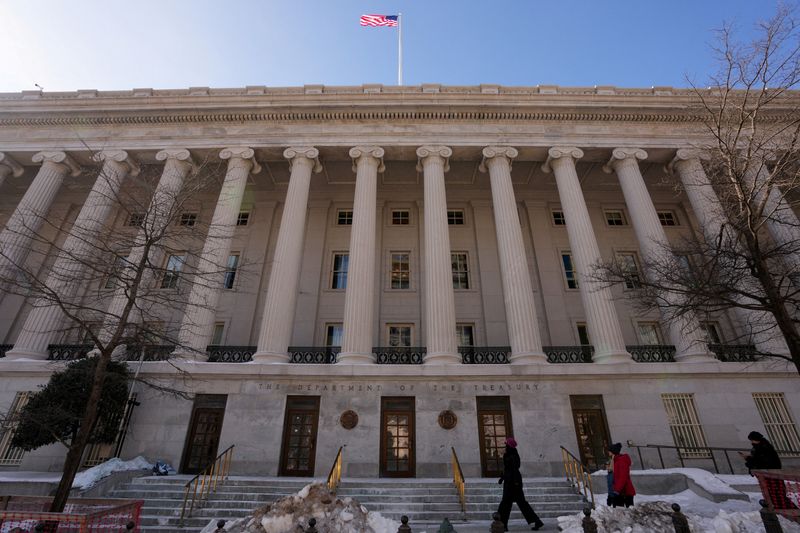 FILE PHOTO: A general view of the U.S. Department Of The Treasury on day two of a partial government shutdown in Washington, D.C., U.S., February 1, 2026. REUTERS/Ken Cedeno/File Photo