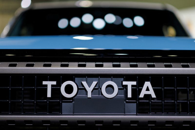 The Toyota logo is shown on a Land Cruiser vehicle at the LA Auto show "AutoMobility LA" in Los Angeles, California, U.S. November 20, 2025.  REUTERS/Mike Blake