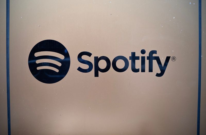 Spotify's logo at the headquarters on Regeringsgatan in Stockholm, Sweden November 18, 2025.    TT News Agency/Fredrik Sandberg/via REUTERS
