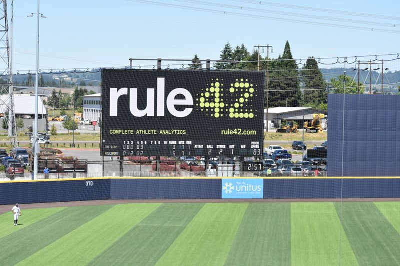 The logo of Rule42 Sports Technology Group, an online platform where scouts and coaches can discover amateur athletes, is displayed at the Hops Ballpark for the Hillsboro Hops minor league baseball team in Hillsboro, Oregon, U.S., June 2026, in this handout image obtained by Reuters on August 4, 2026. Hillsboro Hops/Handout via REUTERS