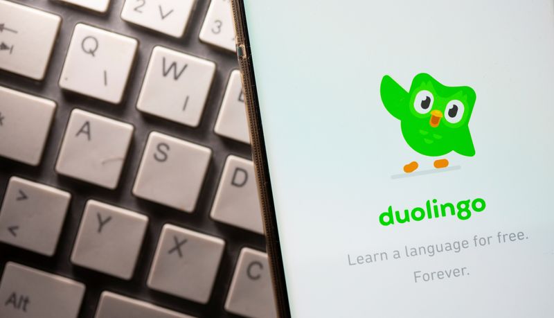 Smartphone with displayed Duolingo app is placed on the keyboard in this illustration taken, June 29, 2021. REUTERS/Dado Ruvic/Illustration