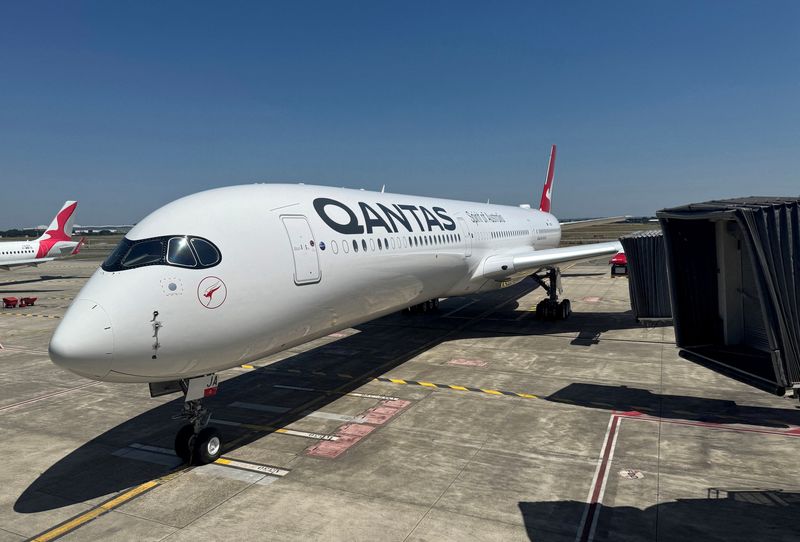 Australia’s Qantas presents the first of 12 modified Airbus A350-1000ULR jets to be used for record-breaking non-stop flights, with Sydney-London designated as the first route, at a ceremony at Airbus headquarters in Toulouse, France, June 17, 2026. REUTERS/Tim Hepher