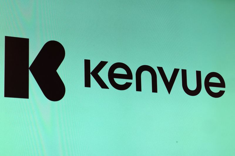 FILE PHOTO: The company logo for Kenvue Inc. Johnson & Johnson's consumer-health business, is displayed on a screen during the company's IPO at the New York Stock Exchange (NYSE) in New York City, U.S., May 4, 2023.  REUTERS/Brendan McDermid/ File Photo