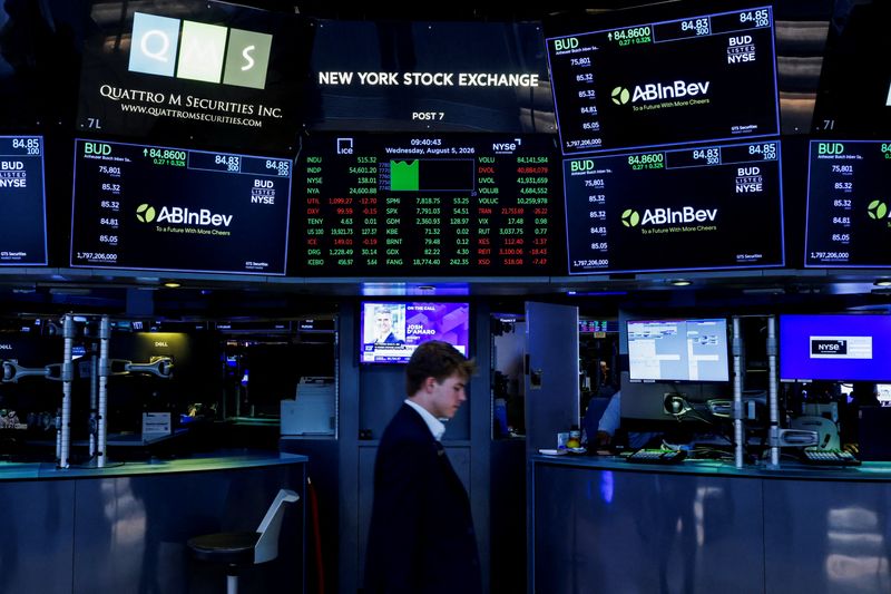 A screen shows trading of the S&P 500 Index after the opening bell at the New York Stock Exchange (NYSE) in New York City, U.S., August 5, 2026. REUTERS/Jeenah Moon