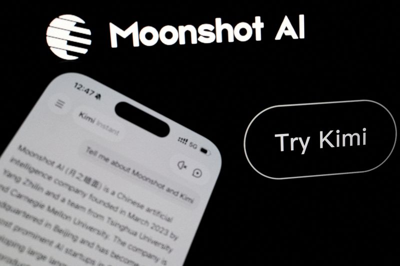 FILE PHOTO: The logo of Chinese company Moonshot AI is displayed alongside its Kimi app on a mobile phone, in this illustration picture taken July 24, 2026. REUTERS/Florence Lo/Illustration/File Photo