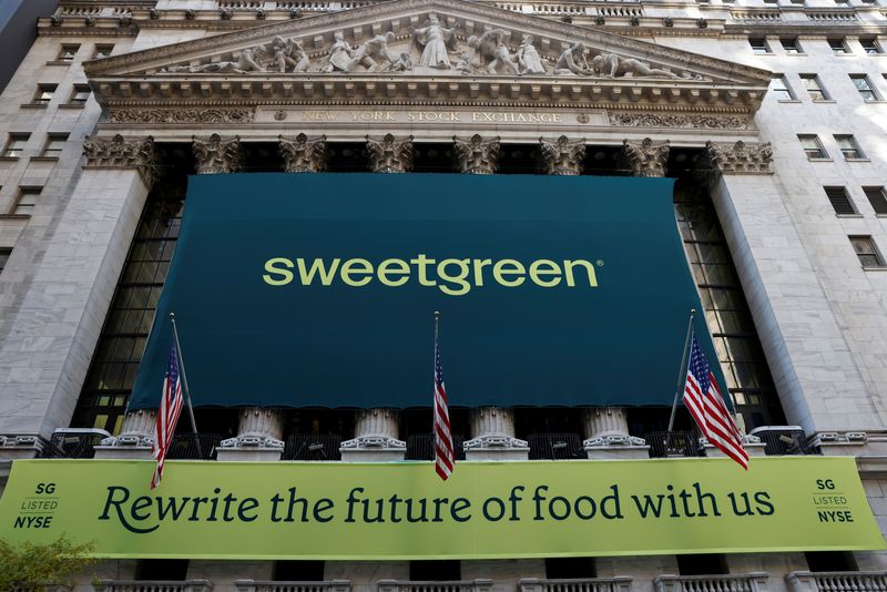 The Sweetgreen logo is displayed on a banner, to celebrate the company's IPO, on the front facade of the New York Stock Exchange (NYSE) in New York City, U.S., November 18, 2021. REUTERS/Shannon Stapleton