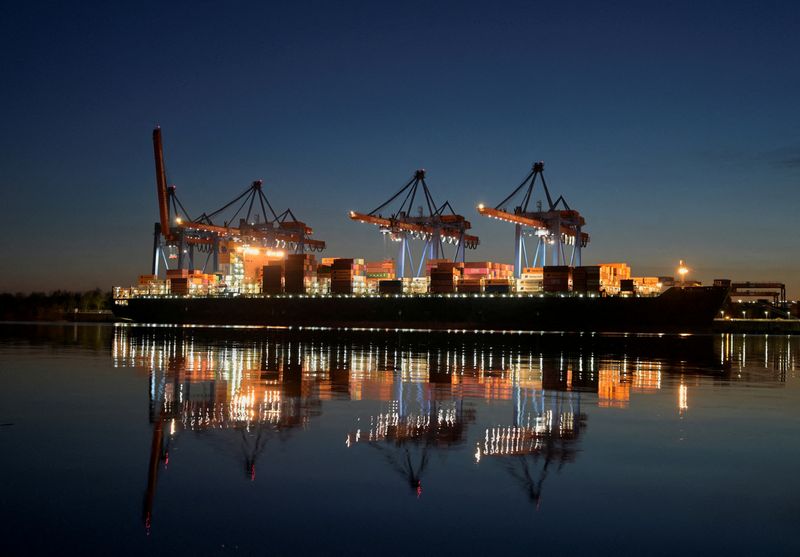 FILE PHOTO: A container ship is seen at the loading terminal "Altenwerder" in the port of Hamburg, Germany, February 17, 2025. REUTERS/Fabian Bimmer/File Photo