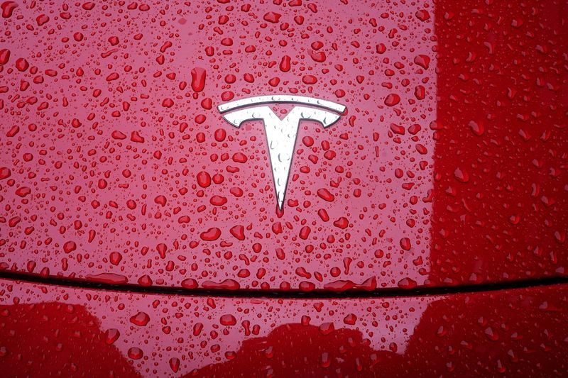 FILE PHOTO: A Tesla logo is pictured on a car in the rain in the Manhattan borough of New York City, New York, U.S., May 5, 2021. REUTERS/Carlo Allegri/File Photo