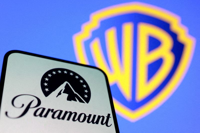 FILE PHOTO: Paramount and Warner Bros logos are seen in this illustration taken December 8, 2025. REUTERS/Dado Ruvic/Illustration/File Photo