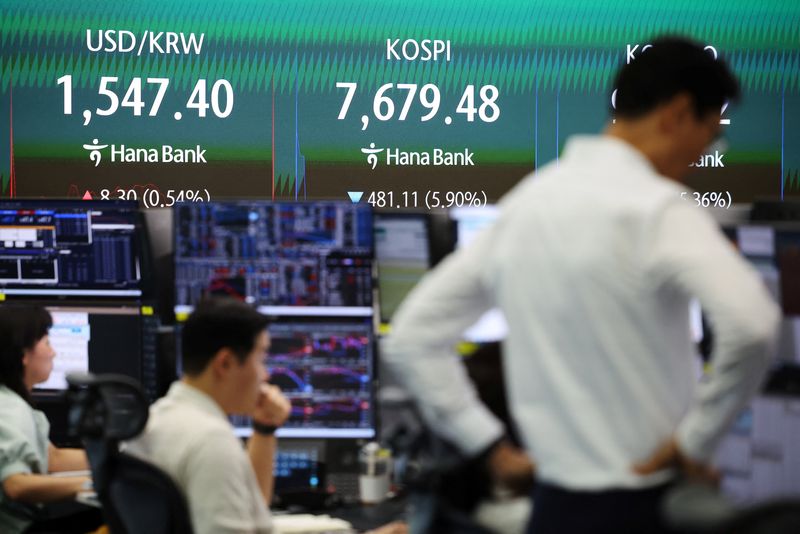 Currency dealers work in front of an electronic board displaying the exchange rate between the U.S. dollar and South Korean won and the Korea Composite Stock Price Index (KOSPI) at the dealing room of a bank in Seoul, South Korea, June 8, 2026.   REUTERS/Kim Hong-Ji
