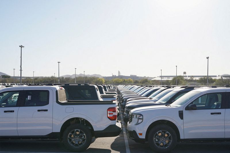 Trucks are parked at the Ford Hermosillo Stamping and Assembly Plant following U.S. President Donald Trump's announcement of a 25% tariff on imported cars and light trucks starting next week, in Hermosillo, Sonora state, Mexico, March 26, 2025. REUTERS/Santiago Fontes