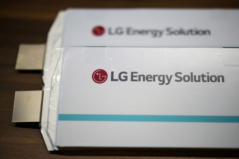 FILE PHOTO: Battery cells with the logo of LG Energy Solution are displayed at the company headquarters in Seoul, South Korea, April 23, 2024.   REUTERS/Kim Hong-Ji/File Photo