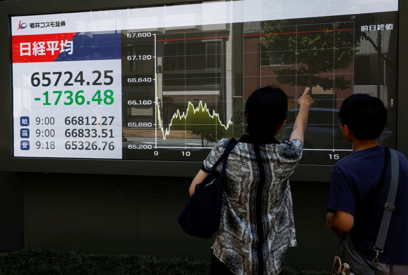 People look at a stock quotation board displaying the Nikkei share average, outside a brokerage in Tokyo, Japan, August 19, 2026. REUTERS/Manami Yamada