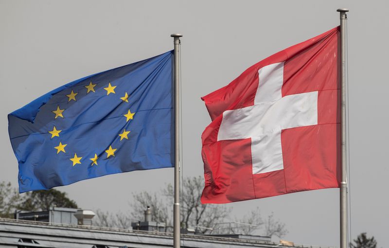 Switzerland's national flag flies beside the one of the European Union in Zurich, Switzerland May 3, 2022.   REUTERS/Arnd Wiegmann