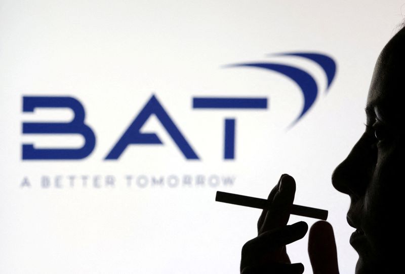 FILE PHOTO: A woman poses with a cigarette in front of BAT (British American Tobacco) logo in this illustration taken July 26, 2022. REUTERS/Dado Ruvic/Illustration/File Photo
