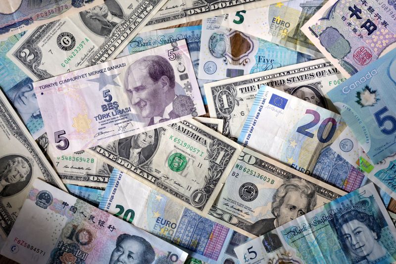 FILE PHOTO: U.S. dollar, Euro, Chinese Yuan, Canadian dollar, Turkish Lira and Pound banknotes are seen in this illustration taken May 4, 2025. REUTERS/Dado Ruvic/Illustration/File Photo