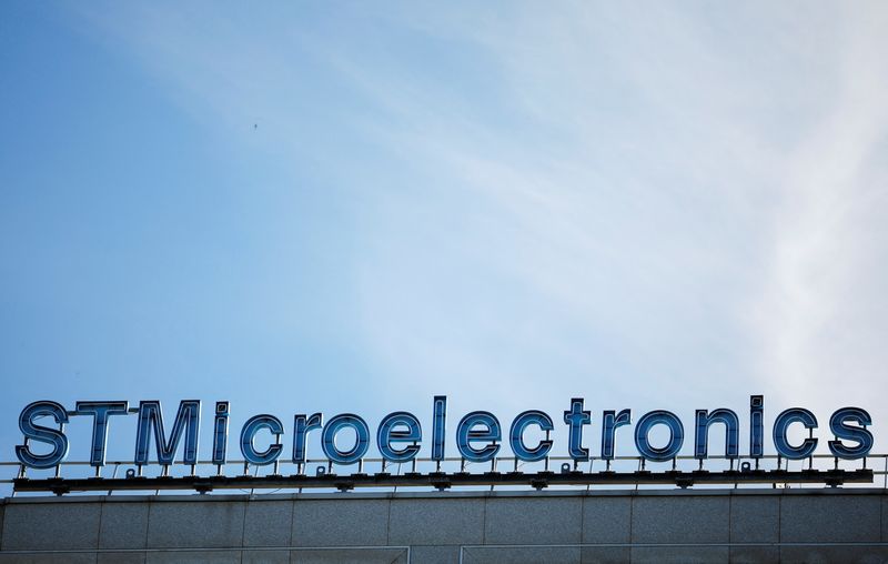 The logo of electronics and semiconductors manufacturer STMIcroelectronics is seen outside a company building in Montrouge, near Paris, France, July 12, 2022. REUTERS/Sarah Meyssonnier/File Photo